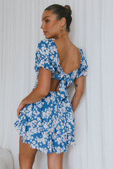 Buongiorno Bella Shirred Lace Up Mini Dress Floral Blue