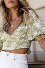 Rosetta Puff Sleeve Keyhole Back Crop Top Floral Print Olive