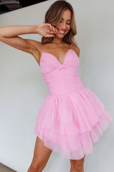 Nightingale Ruched Mesh Mini Dress Barbie Pink