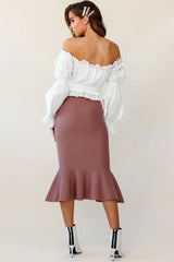 Shalon Ribbed Knit Fluted Hem Midi Skirt Antique Rose