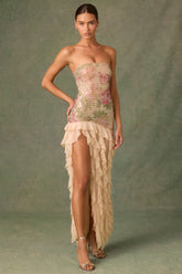 Embellished Ruffle-Trim Strapless Gown in Rose Hotfix