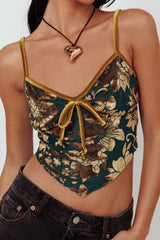 Caught Feelings Floral Velour Crop Top Green/Gold