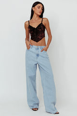Caught Feelings Floral Velour Crop Top Black/Brown