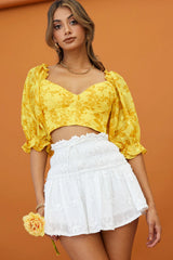 Rosetta Puff Sleeve Keyhole Back Crop Top Floral Print Yellow