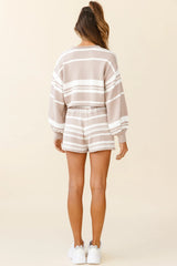 Carlo Drawstring Waist Shorts Striped Pattern Mocha