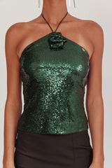 Darcy Sequin Halter Top Hunter Green