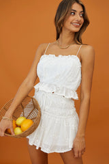 Remember Me Frill Trim Embroidery Textured Crop Top White