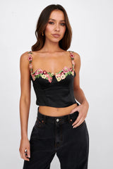 Rose Garden Floral Applique Crop Top Black