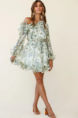 Rhiannon Off-Shoulder Lettuce Frill Dress Floral Print White