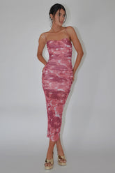 Logan Strapless Ruched Midi Dress Print Wine