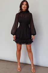 Mandalay High Neck Long Sleeve Waistband Dress Black