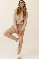 Robin Cuffed Hem Drawstring Ribbed Knit Pants Tan