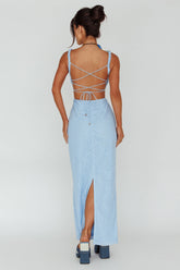 Dream Crush Lace-Up Back Mesh Overlay Midi Dress Blue