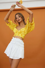 Rosetta Puff Sleeve Keyhole Back Crop Top Floral Print Yellow