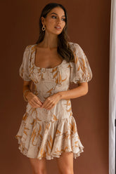 Petite Cherie Puff Sleeve Lace-Up Back Dress Leaf Print Beige