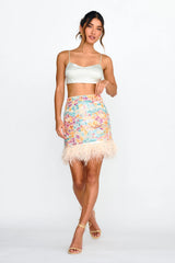Popstar Sequin Feather Hem Skirt Cream Multi