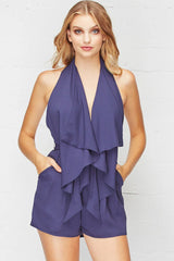 Piper Open Back Dressy Ruffled Romper Navy