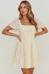 Dandelions Puff Sleeves A-Line Mini Dress Cream