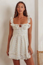 Doe Tied Bust Frill Mini Dress Floral Yellow