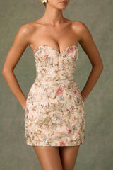 Embellished Strapless A-Line Mini Dress in Floral Beige