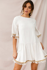 Donna Dropped Waist Tassel Dress Beige