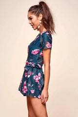 Dawson Floral Lace Back Romper Forest Green