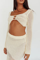 Serenity Sky Long Sleeve Crochet Crop Top Milk