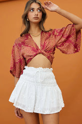 Rivera Deep-V Waist-Tie Top Leaf Print Wine