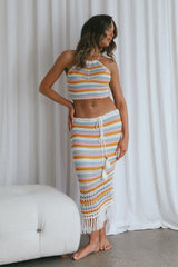 Soul Sister Fringe Hem Crochet Midi Skirt Blush