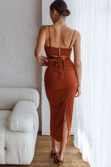 Desert Skies Ruched Drawstring Satin Midi Skirt Chocolate