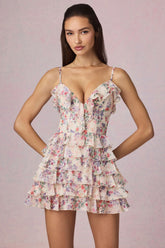 Ruffled Lace-Up A-Line Mini Dress in Primrose Floral Print