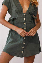 Dara Button Accent Dress Green Khaki