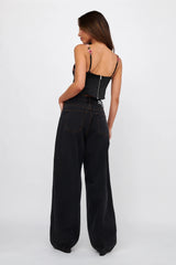 Rose Garden Floral Applique Crop Top Black