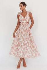 Doe Eyes Lace-Up Back Maxi Dress Floral Peach