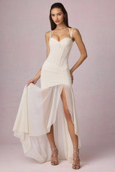 Ruched Asymmetric Corset Gown in Ivory