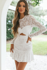 Hearts Aflutter Long Sleeve Open Back Lace Mini Dress White
