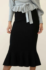 Shalon Ribbed Knit Fluted Hem Midi Dress Antique Black