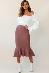 Shalon Ribbed Knit Fluted Hem Midi Skirt Antique Rose