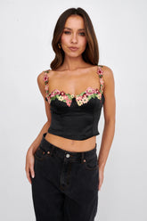 Rose Garden Floral Applique Crop Top Black
