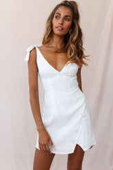 Bijoux Faux Placket Tied Shoulder Dress Square Stitch White