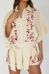 Daytona Beach Button-Up Romper Embroidered Oat