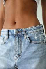 DOGMA High Rise Straight Leg Denim Jeans Distressed Light Wash