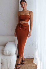 Desert Skies Ruched Drawstring Satin Midi Skirt Chocolate