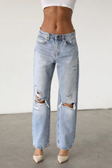DOGMA High Rise Straight Leg Denim Jeans Distressed Light Wash