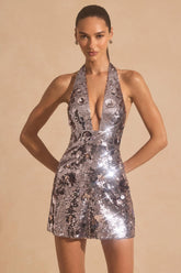 Sequin-Embellished Halterneck Mini Dress in Silver