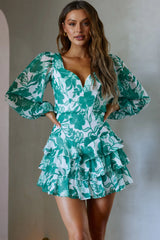 Romance Novel Long Sleeve Tied Back Floral Dress Green