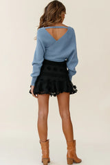 Savannah Floral Embellished Flounce Hem Mini Skirt Black