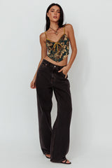 Caught Feelings Floral Velour Crop Top Green/Gold