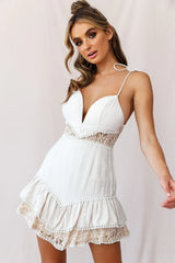 Caught Up String-Tie Strap Double Frill Hem Dress Beige