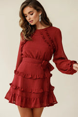Dusk Long Sleeve Waist Tie Frill Dress Thin Stripe Wine